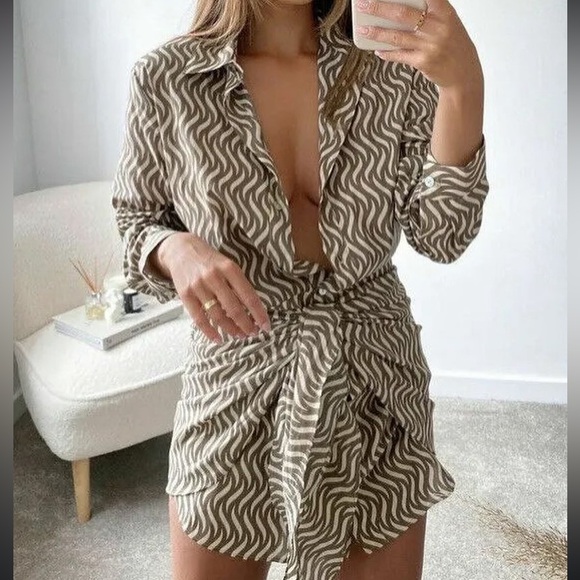 Zara Tunic Patterned Tie Front Shirt Dress - Picture 1 of 9